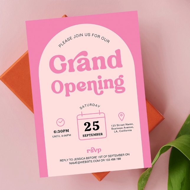 Retro Pink Trendy Arch New Business Grand Opening Invitation (Trendy Pink Business Grand Opening invitation design, featuring retro fonts and arch background )
