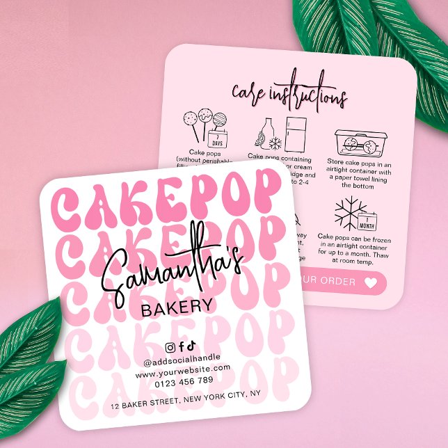 Retro Pink Trendy Cake Pops Care Instructions Card (Trendy pink cake pops storage instructions guide cards featuring retro fonts and modern layout)