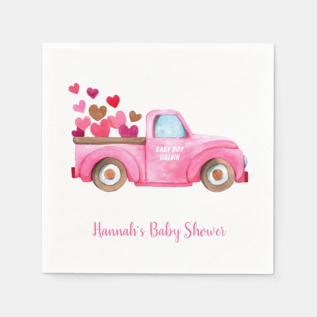 Retro Pink Truck Watercolor Baby Shower Napkin (Front)