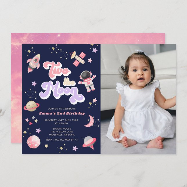 Retro Pink Two the Moon Space Birthday Invitation (Front/Back)