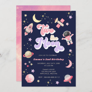 Retro Pink Two the Moon Space Birthday   Invitation
