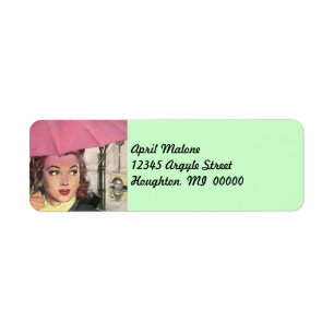 Retro Pink Umbrella Rainy day Return Address Label