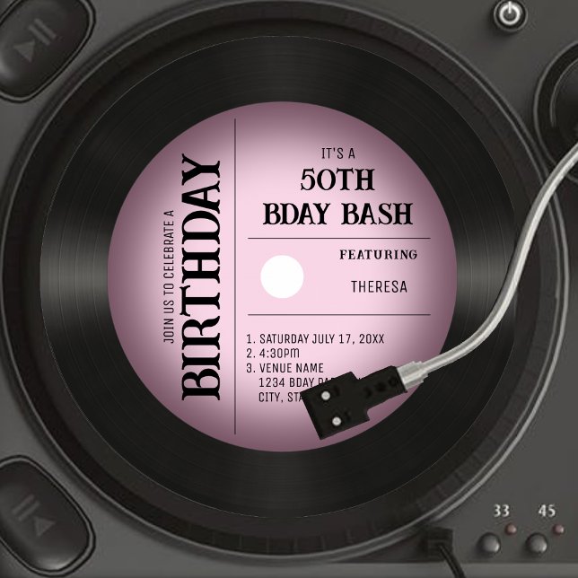 Retro Pink Vignette Vinyl Record 50th Birthday Invitation (Retro Pink Vignette Vinyl Record 50th Birthday Invitation)
