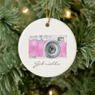 Retro Pink Watercolor Camera Personalised Ceramic Ornament