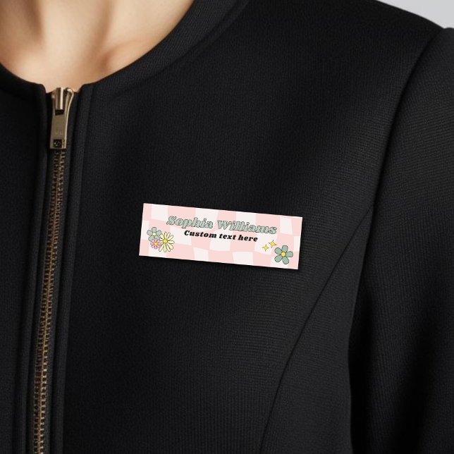 Retro Pink Wavy Chequered  Name Tag (Creator Uploaded)