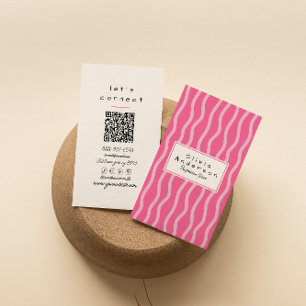 Retro Pink Wavy Stripes Trendy Boho Girly QR Code Business Card