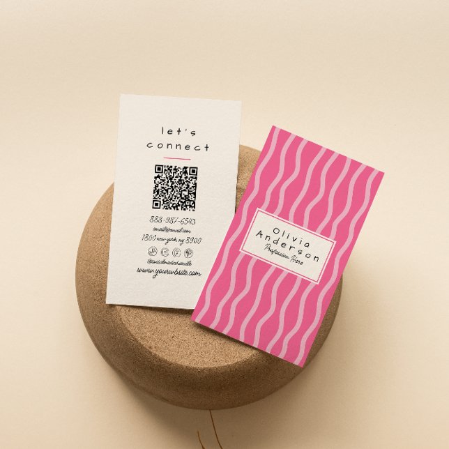 Retro Pink Wavy Stripes Trendy Boho Girly QR Code Business Card (Creator Uploaded)