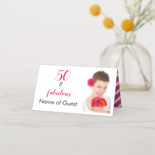 Retro Pink & White Chevron Pattern Photo Birthday Place Card