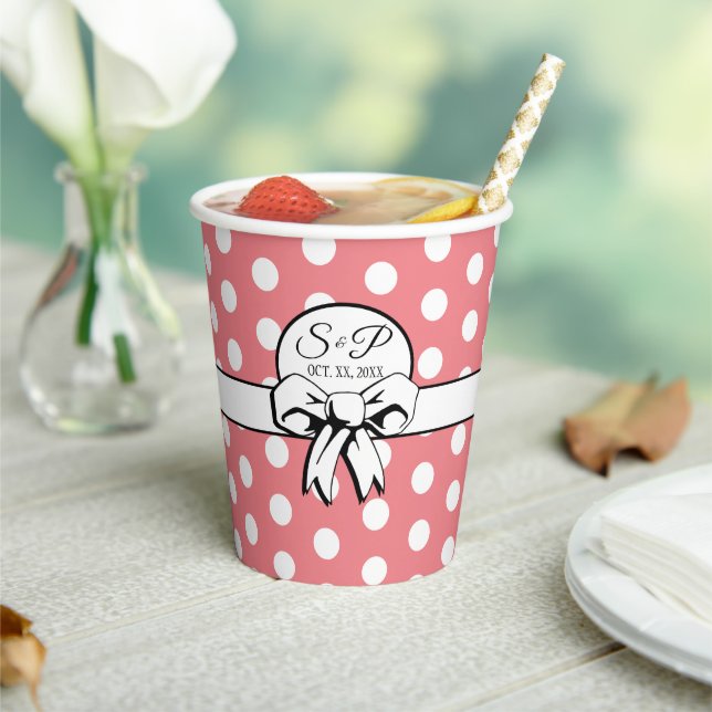 Retro Pink White Polka Dot White Bow Personalised Paper Cups (Insitu)