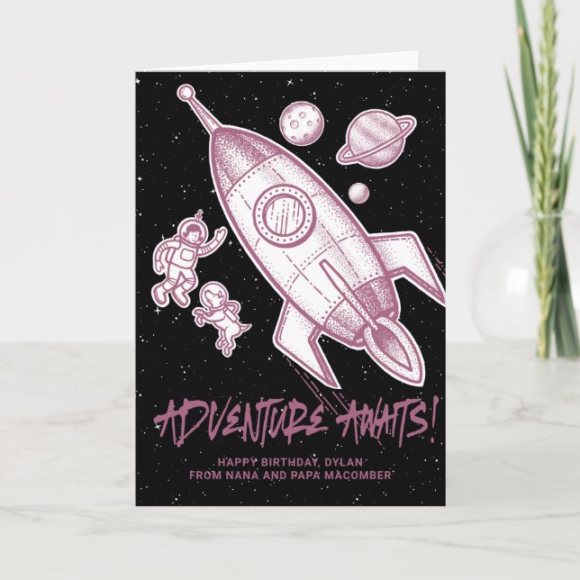 Retro Pink White Space Travel Rocket Birthday Card (Front)