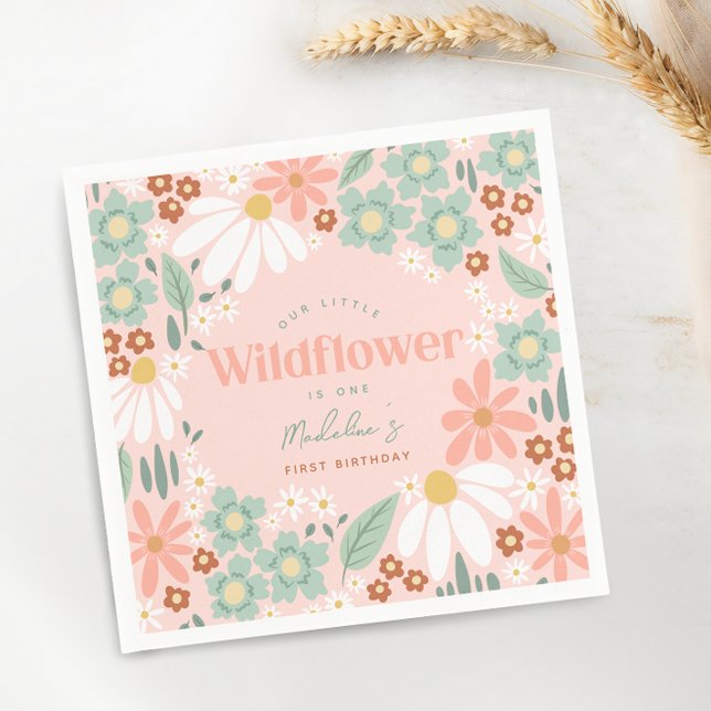 Retro Pink Wildflower Daisy Kids Birthday Napkin (Creator Uploaded)