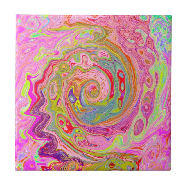 Retro Pink, Yellow and Magenta Abstract Groovy Art Ceramic Tile (Front)