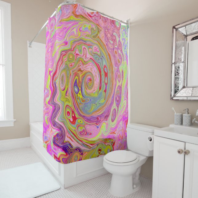 Retro Pink, Yellow and Magenta Abstract Groovy Art Shower Curtain (In Situ)