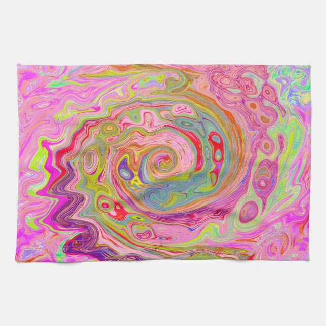 Retro Pink, Yellow and Magenta Abstract Groovy Art Tea Towel (Horizontal)