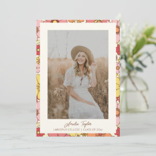 Retro Pink Yellow Floral Photo Graduation Party Invitation