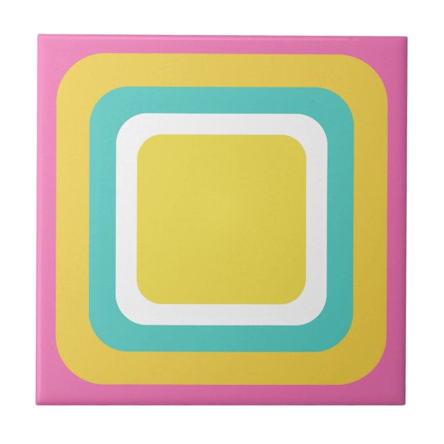 Retro Pink Yellow Teal White Ceramic Tile (Front)