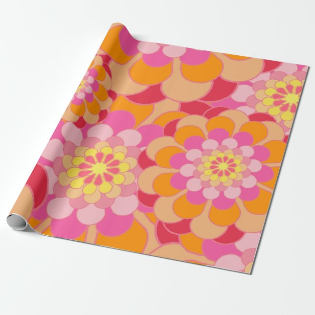 Retro Pink Yellow Tones Floral Pattern Wrapping Paper (Unrolled)
