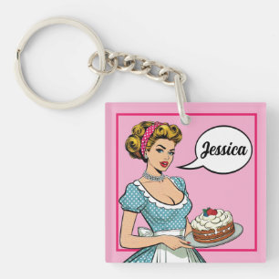 Retro Pinup_ Served Daily Key Ring