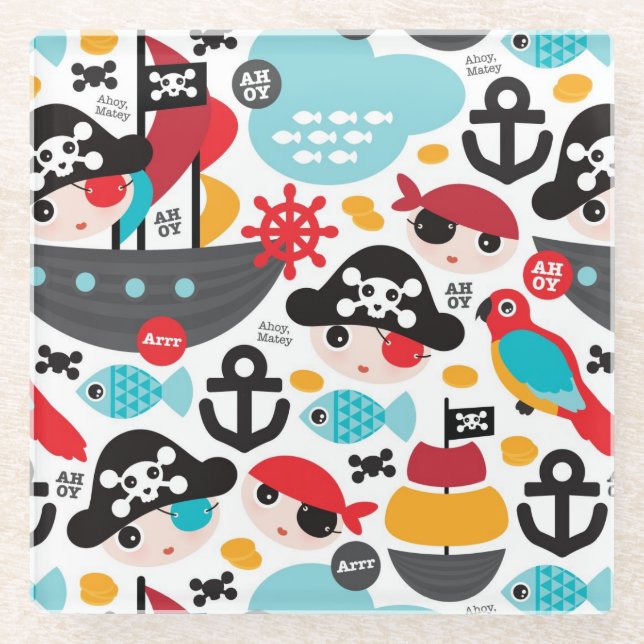 Retro pirates illustration sailing glass coaster (Front)