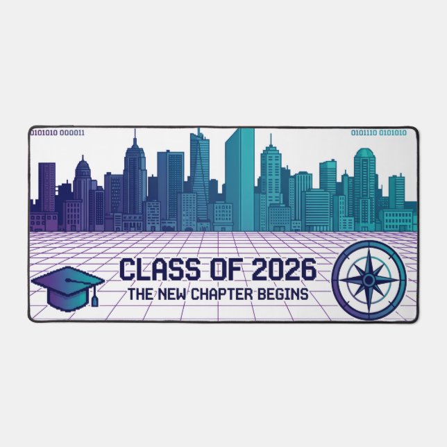 Retro Pixel Art Class of 2026 Cyberpunk Cityscape  Desk Mat (Front)