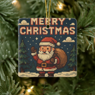 Retro Pixel Art Merry Christmas Ceramic Ornament