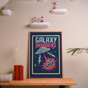 Retro Pixel Art Neon Pink and Teal Galaxy Invaders Poster