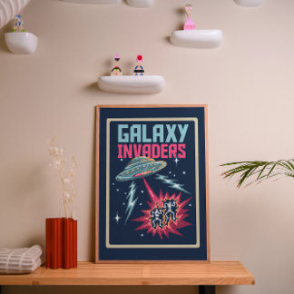 Retro Pixel Art Neon Pink and Teal Galaxy Invaders Poster