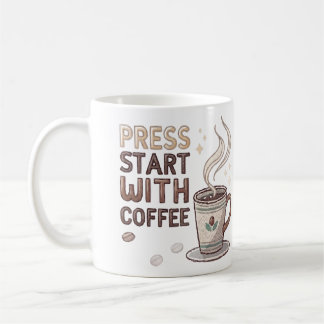 Retro Pixel Art "Press Start with Coffee" Gamer Mu Coffee Mug
