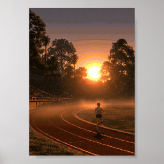 Retro Pixel Art Runner on a Stadium Track at Sunse Poster