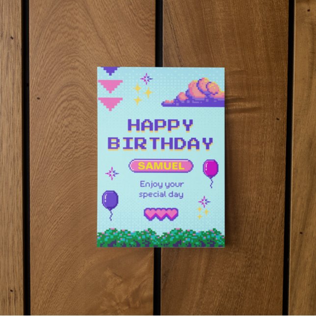 Retro Pixel Blue Purple Birthday B-Day Invitation (happy birthday gamer nerd digital card)