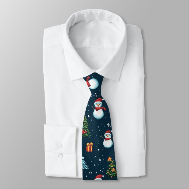 Retro Pixel Christmas 8-Bit Style Tie (Tied)