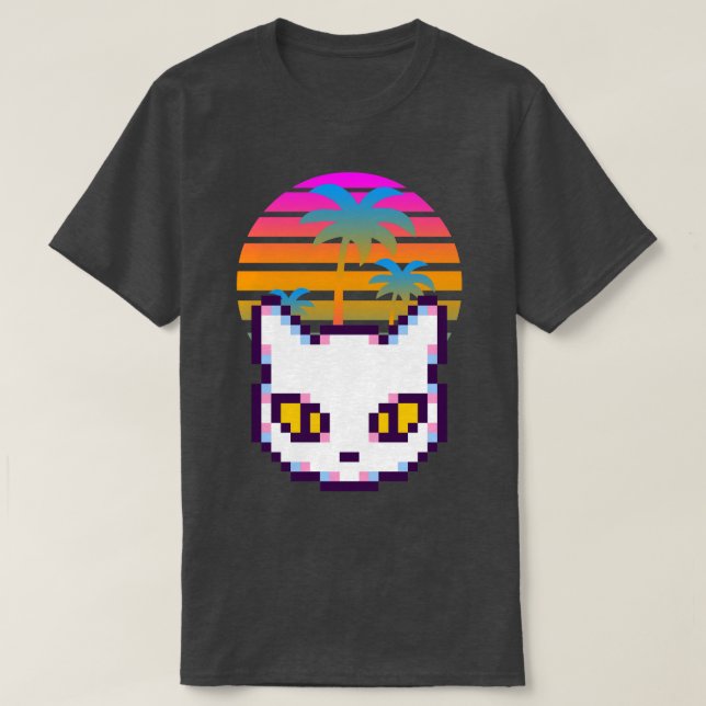 Retro Pixel Kitty Cat Palm Trees Sunset T-Shirt (Design Front)