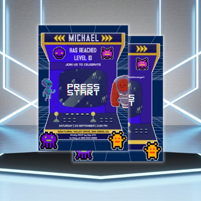 Retro Pixels Video Game Arcade Birthday Party Invitation (Arcade Video Game Birthday Party Invitation)