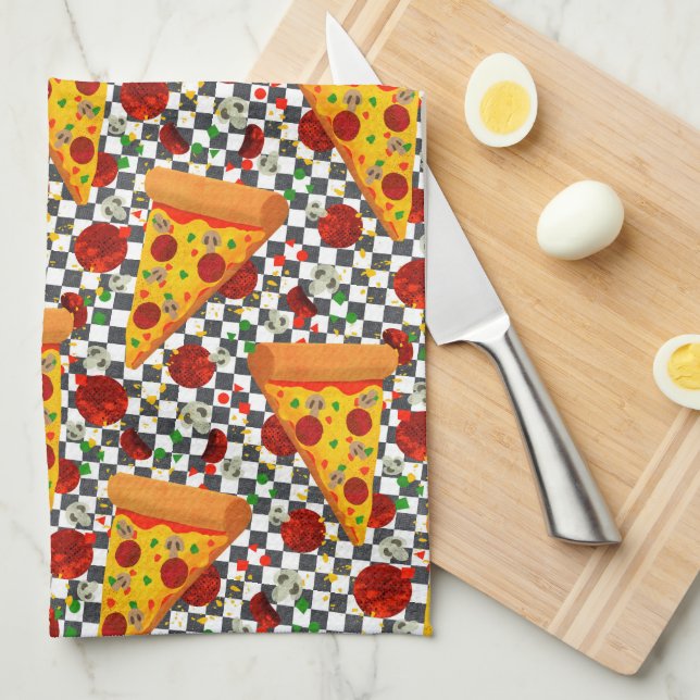 Retro Pizza Slice Pattern in Diner Colours Tea Towel (Quarter Fold)