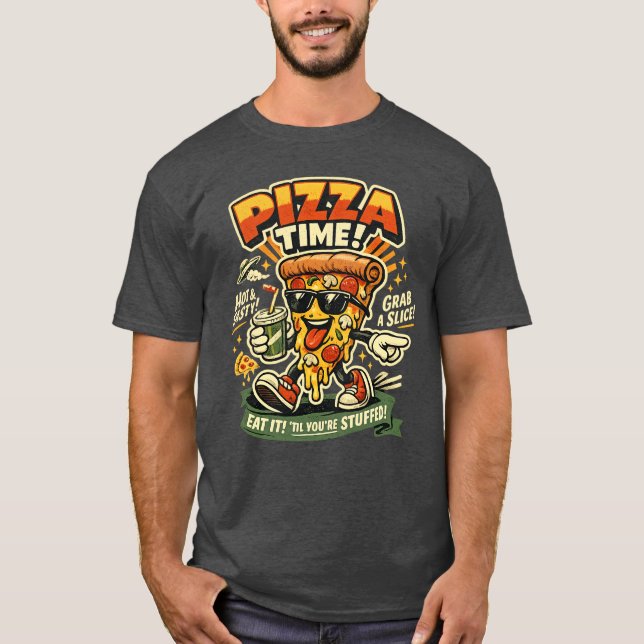 Retro Pizza Time Funny Pizza Slice T-Shirt (Front)