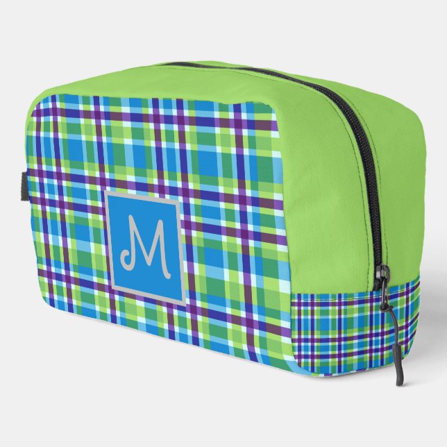 Retro Plaid in blue& lime - add monogram  Dopp Kit (Right Corner)