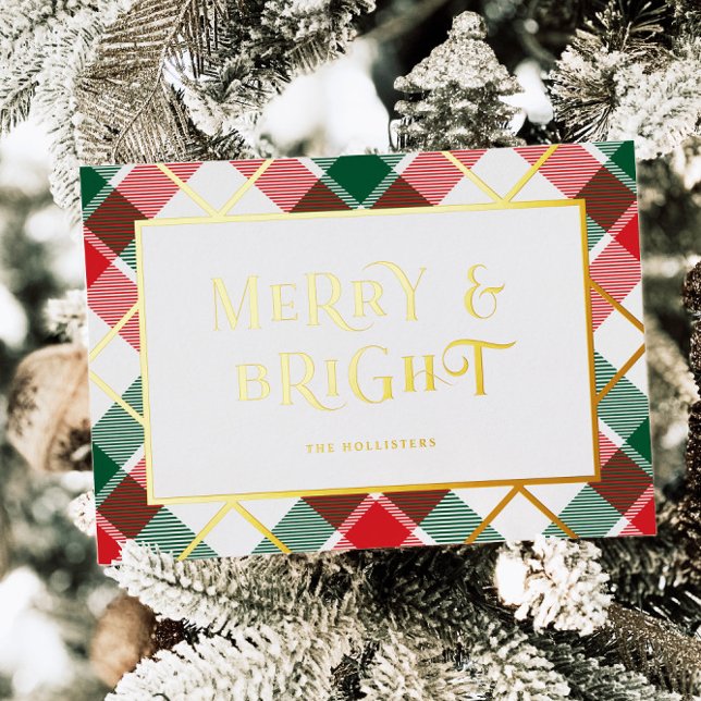 Retro Plaid Merry & Bright Golf Foil Holiday Card (Creator Uploaded)