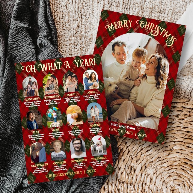 Retro Plaid Oh What A Year In Review 12 Photo Arch Foil Holiday Card (Creator Uploaded)