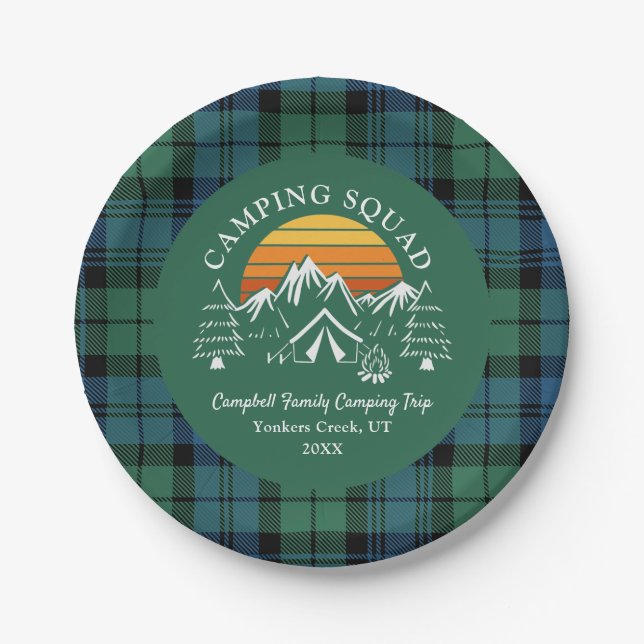 Retro Plaid Tartan Family Camping Squad Campbell Paper Plate (Front)