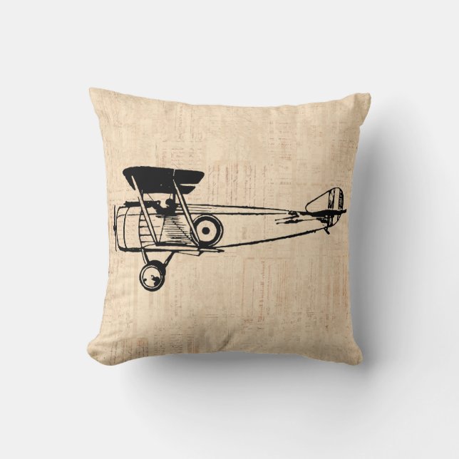 Retro Plane Illustrated Art Aviation Themed Cushion (Front)