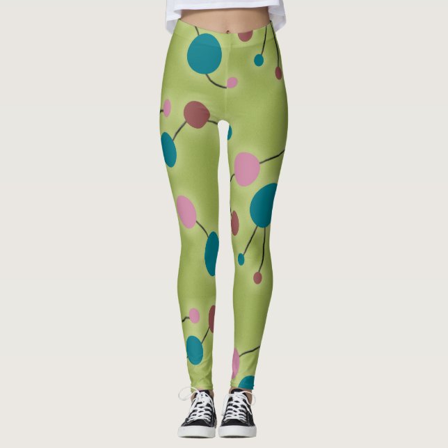 Retro Playful Large Molecules Universe Blue Green Leggings (Front)