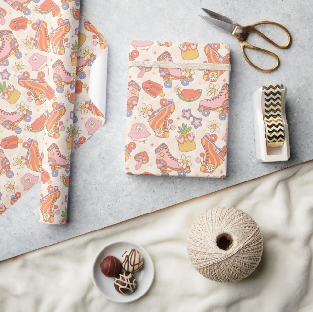 Retro Playful Summer Roller Skating Fun Wrapping Paper (Crafts)