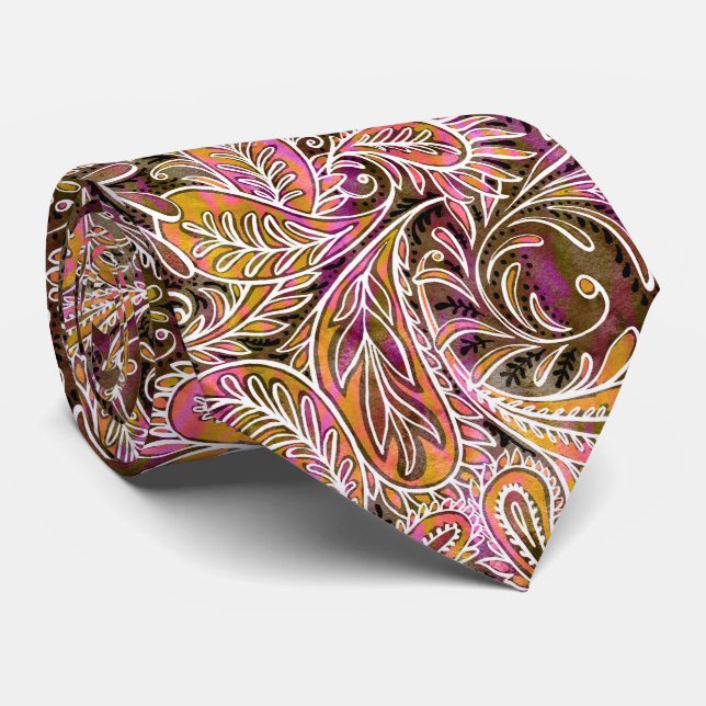 Retro Plum Pink Green Paisley Pattern Tie (Rolled)