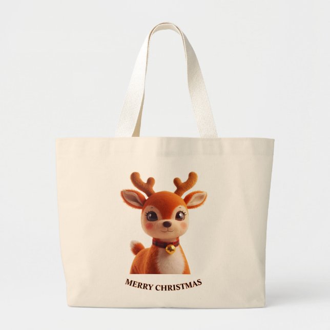 Retro Plush Reindeer Christmas Art Large Tote Bag (Front)