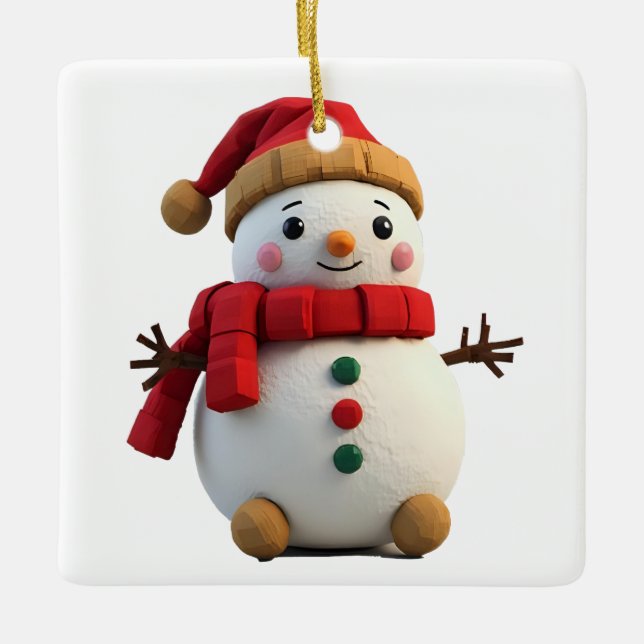 Retro Plush Snowman With Scarf Christmas Ceramic Ornament (Front)