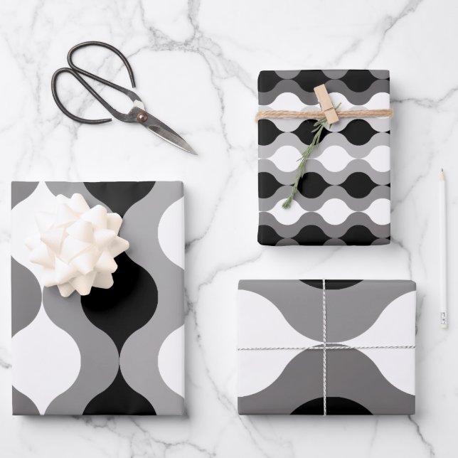 Retro Pods Black White Grey Wrapping Paper Sheet (Front)