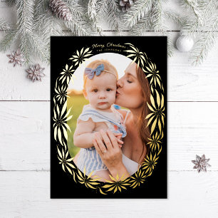 Retro Poinsettia Oval Frame Photo Foil Holiday Card