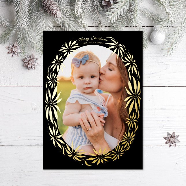 Retro Poinsettia Oval Frame Photo Foil Holiday Card (Creator Uploaded)