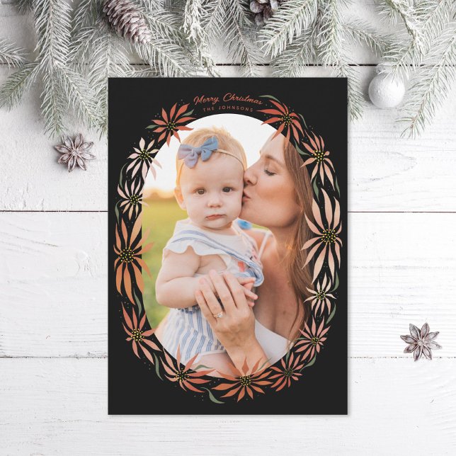 Retro Poinsettia Oval Frame Photo Holiday Card (Creator Uploaded)