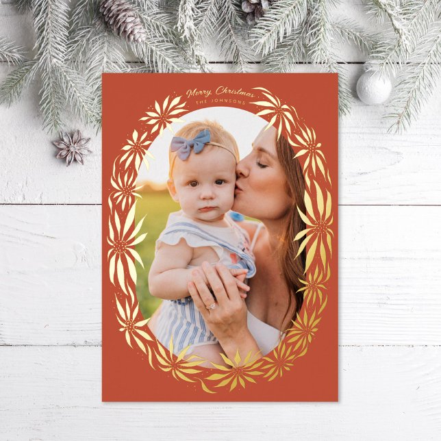 Retro Poinsettia Oval Frame Photo Red Foil Holiday Card (Creator Uploaded)